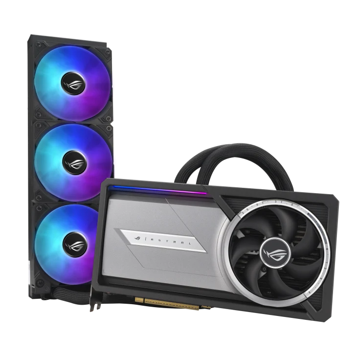 ASUS ROG Astral LC GeForce RTX 5090 OC: видеокарта с комплектным радиатором, ракурс три четверти